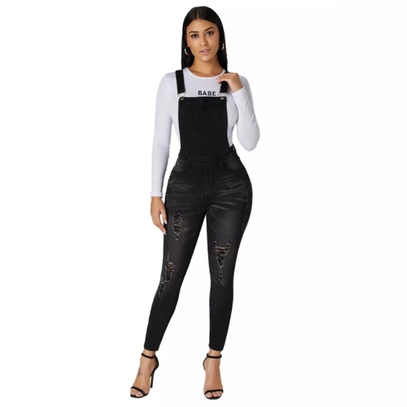 New Black denim distressed jumpsuit overalls size Small - Picture 1 of 7